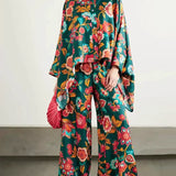 Fine Satin Floral Print Batwing Sleeve Pants Set - Olive green