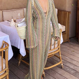 Boho V Neck Bell Sleeve Wavy Striped Crochet Beach Vacation Maxi Dress - Brown