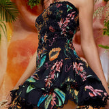 Ruched Elastic Corset Lace Trim Mini Dress
