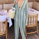 Boho V Neck Bell Sleeve Wavy Striped Crochet Beach Vacation Maxi Dress - Yellow
