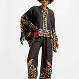 Fine Satin Floral Print Batwing Sleeve Pants Set - Black