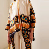 Fine Satin Floral Print Batwing Sleeve Pants Set - Yellow