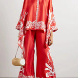 Fine Satin Floral Print Batwing Sleeve Pants Set - Red