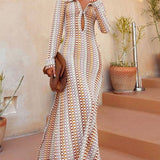 Boho Collared V Neck Split Wavy Striped Crochet Beach Vacation Maxi Dress - Brown