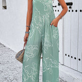 Printed Wide Strap Jumpsuit with Pockets