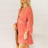 V Neck Women's Spring Summer Dress Lace Long Sleeve Mini Party Dress