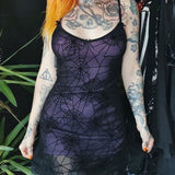 Gothic Lace Stretch Spaghetti Strap Spider Web Print Contrast Lace Cami Grunge Dress