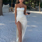 Satin Kink Detail Slit Maxi Dress