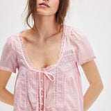 Lace Trimmed Tie Front Blouse