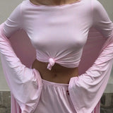 Solid Knit Flowly Long Sleeve Robe Three Piece Set