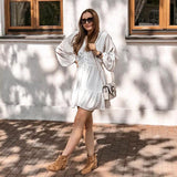 V Neck Women's Spring Summer Dress Lace Long Sleeve Mini Party Dress