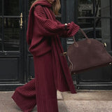 Relaxed Fit V Neck Ribbed Sweater with Pants Two Piece Pants Set