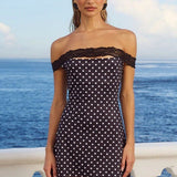 Off-Shoulder Lace Trim Polka Dot Bodycon Mini Dress