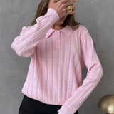 Jacquard Polo Collar Long Sleeve Loose Blouse