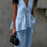 Romantic Cotton V Neck Sleeveless Vest Pants Two Piece Set