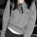 Gray Embroidered Pony Knit Sweater