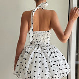 Sexy Polka Dot Halter Backless Mini Dress