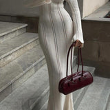 Elegant U Neck Knit Flare Sleeve Sheer Cutout Bodycon Maxi Dress