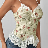 Lace Trim Patchwork Boned Corset Tank Top