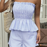 Casual Minimalist stripe Tube Ruffle Shorts Two Piece Set