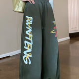 Retro High Waist Drawcord Graphic Sweat Pants