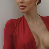 Deep V-Neck Solid Long-Sleeve Slim Fitted Party Dress
