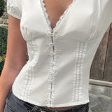 Lace Paneled V Neck Puff Short Sleeve Blouse