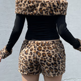 Leopard Print Fleece Off-the-shoulder Two Piece Set