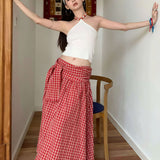 Color Block Plaid Tie Side Zip Loose Skirt