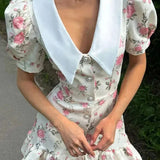 Lapel Short Sleeve Mini Floral Dress
