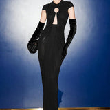 Black Mesh Cutout Slim Vintage Evening Party Dress
