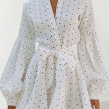 Polka Dot Lantern Sleeve Tie Mini Dress