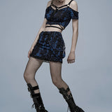 Women's Gothic Decadent Knitted Texture Broken Holes Fashion Sexy Mini Black-blue Skirt