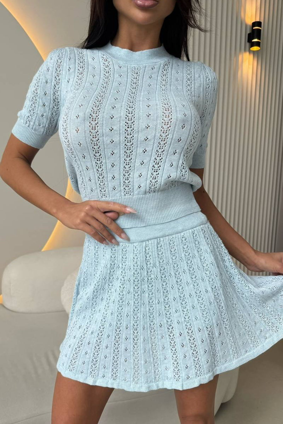 Lightweight Knit Solid Crew Neck Cutout Skirt Set