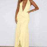 Halter V-Neck Backless Ruched High Slit Party Dress