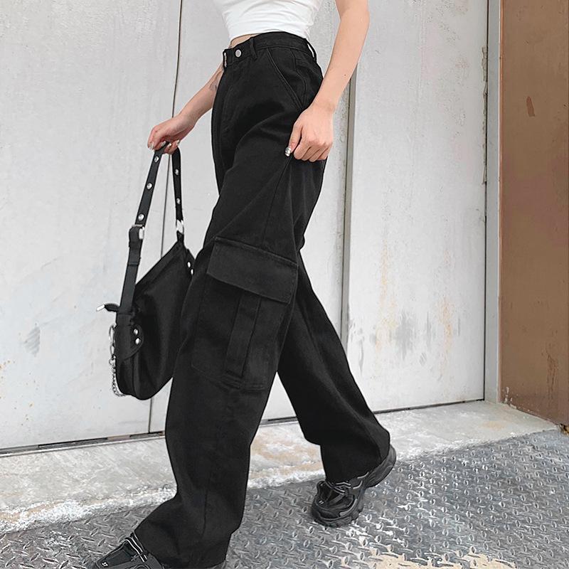 Women's mid rise fashion cargo jeans loose fit baggy jeans