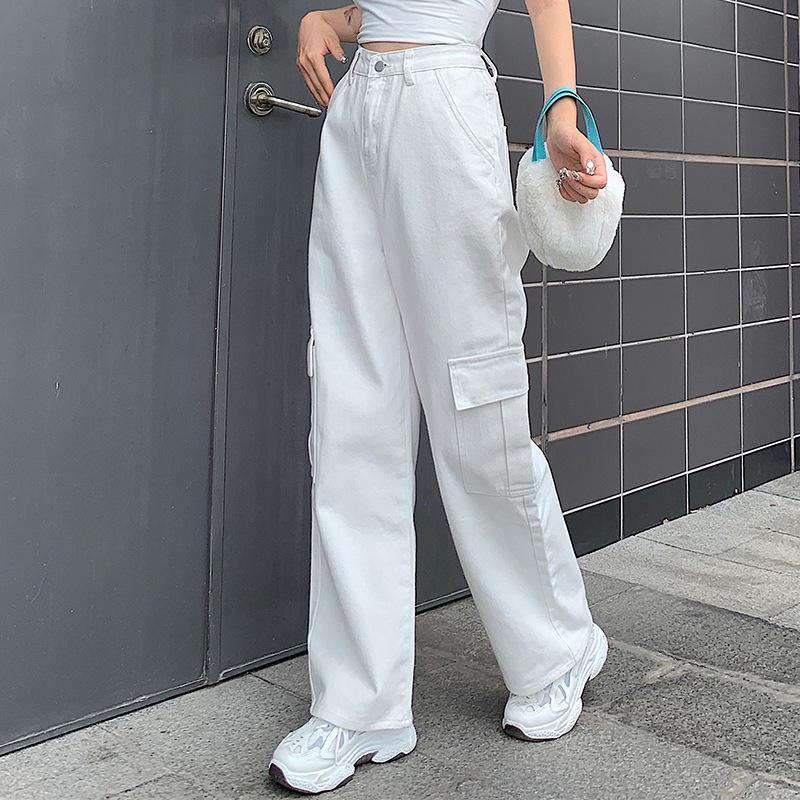 Women's mid rise fashion cargo jeans loose fit baggy jeans