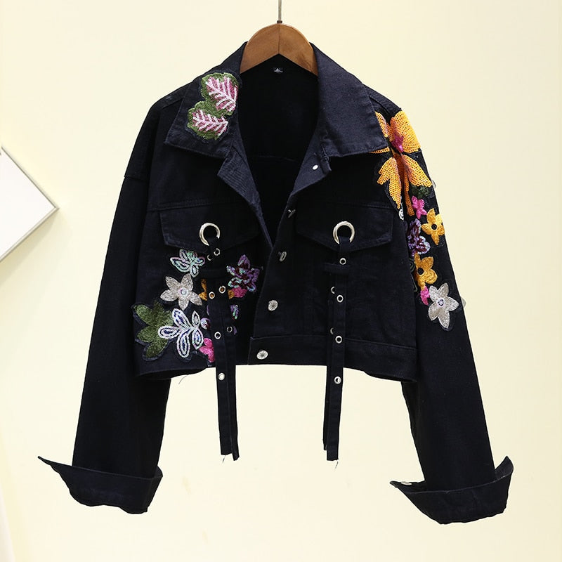 Floral Denim Embroidery Sequined Jacket