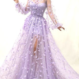 Autumn New Long Sleeve Purple Appliques Slim Prom Dress