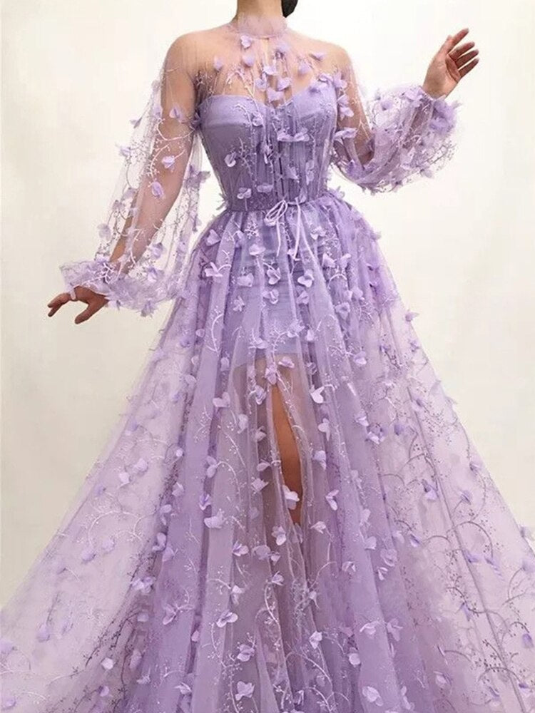 Autumn New Long Sleeve Purple Appliques Slim Prom Dress
