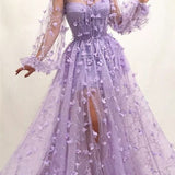 Autumn New Long Sleeve Purple Appliques Slim Prom Dress
