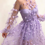 Autumn New Long Sleeve Purple Appliques Slim Prom Dress