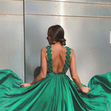Fashion Sleeveless Green A Line Sexy Backless Prom Dresses