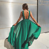 Fashion Sleeveless Green A Line Sexy Backless Prom Dresses