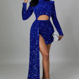 Solid Hollow Out Draped O-neck Long Sleeve Party Mini Dress