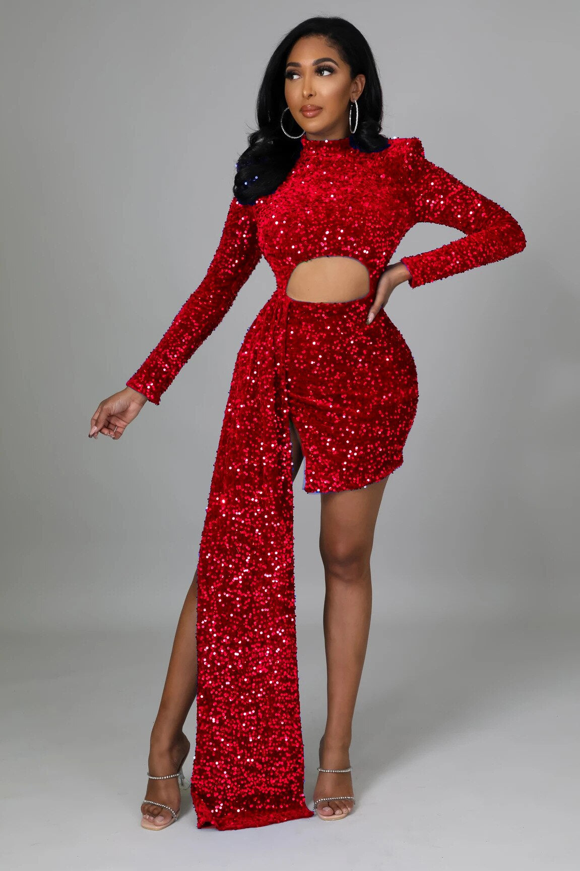 Solid Hollow Out Draped O-neck Long Sleeve Party Mini Dress
