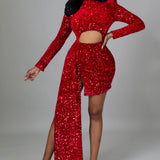 Solid Hollow Out Draped O-neck Long Sleeve Party Mini Dress