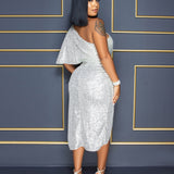 Solid Sequins One Puff Sleeve Celebrity Party Midi Dress