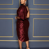 Solid Sequins One Puff Sleeve Celebrity Party Midi Dress