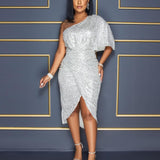 Solid Sequins One Puff Sleeve Celebrity Party Midi Dress